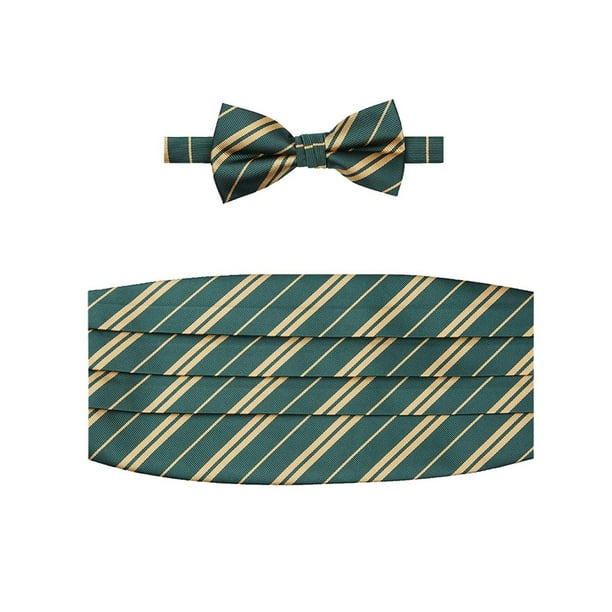 Hunter Green Gold Jacob Alexander Woven Double Stripe Boys Pre-Tied Banded Bow Tie